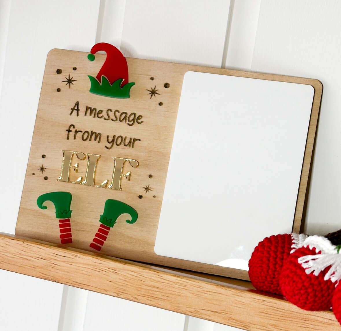Wooden elf on the shelf message board with acrylic panel to write any message on. 