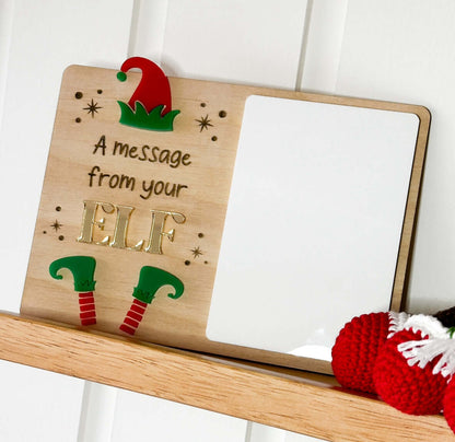 Wooden elf on the shelf message board with acrylic panel to write any message on. 