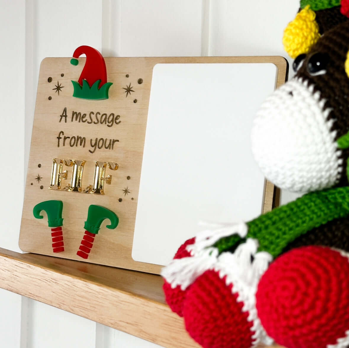 Wooden elf on the shelf message board with acrylic panel to write any message on. 