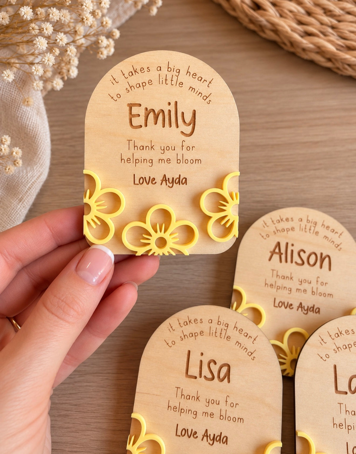 Personalised teacher gift with helping me bloom message