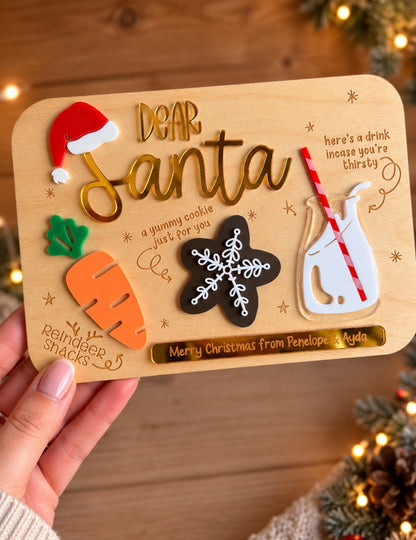 Wooden personalised Christmas Eve board for Santa milk cookie and reindeer snacks