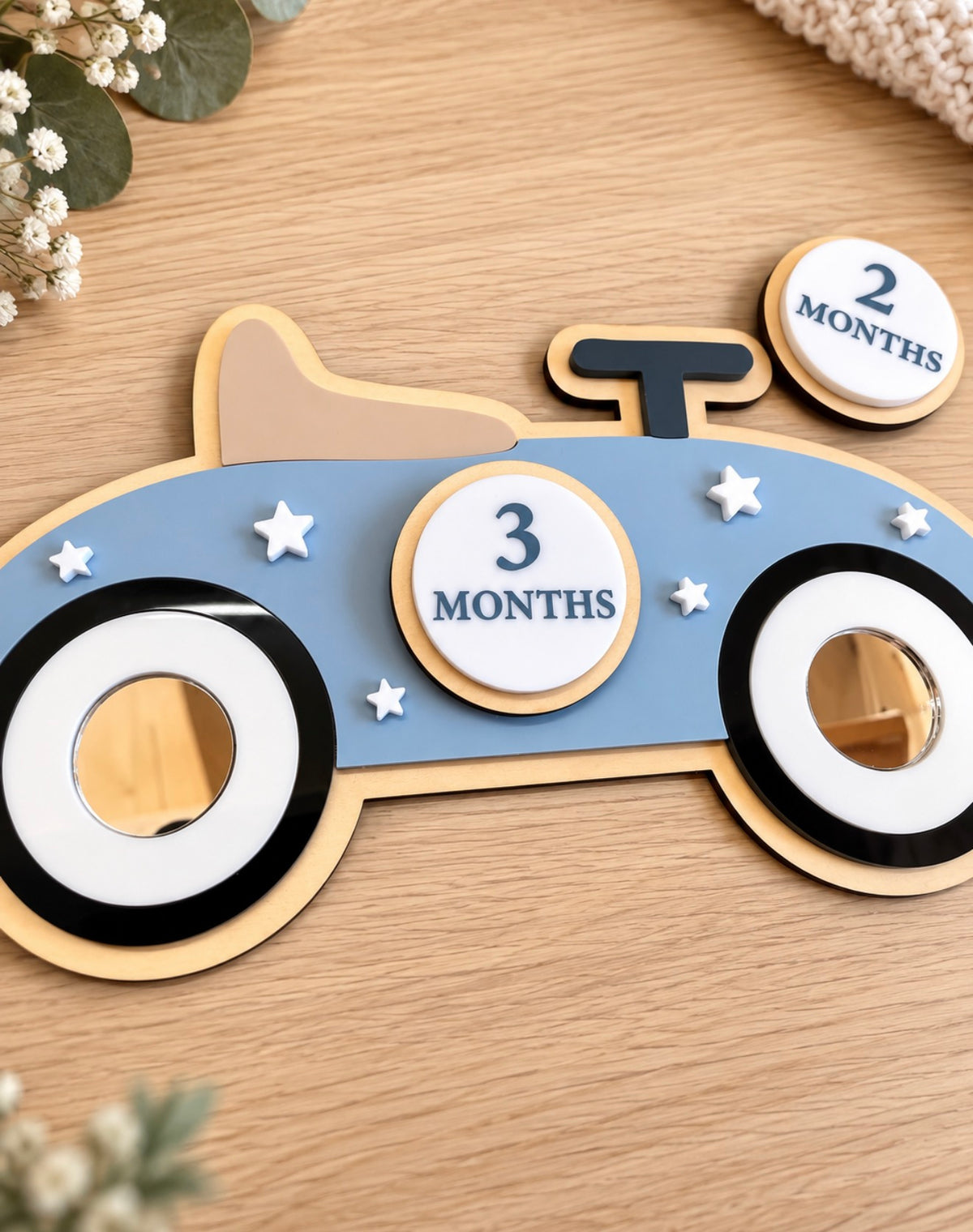 Wooden vintage car monthly baby milestone plaque