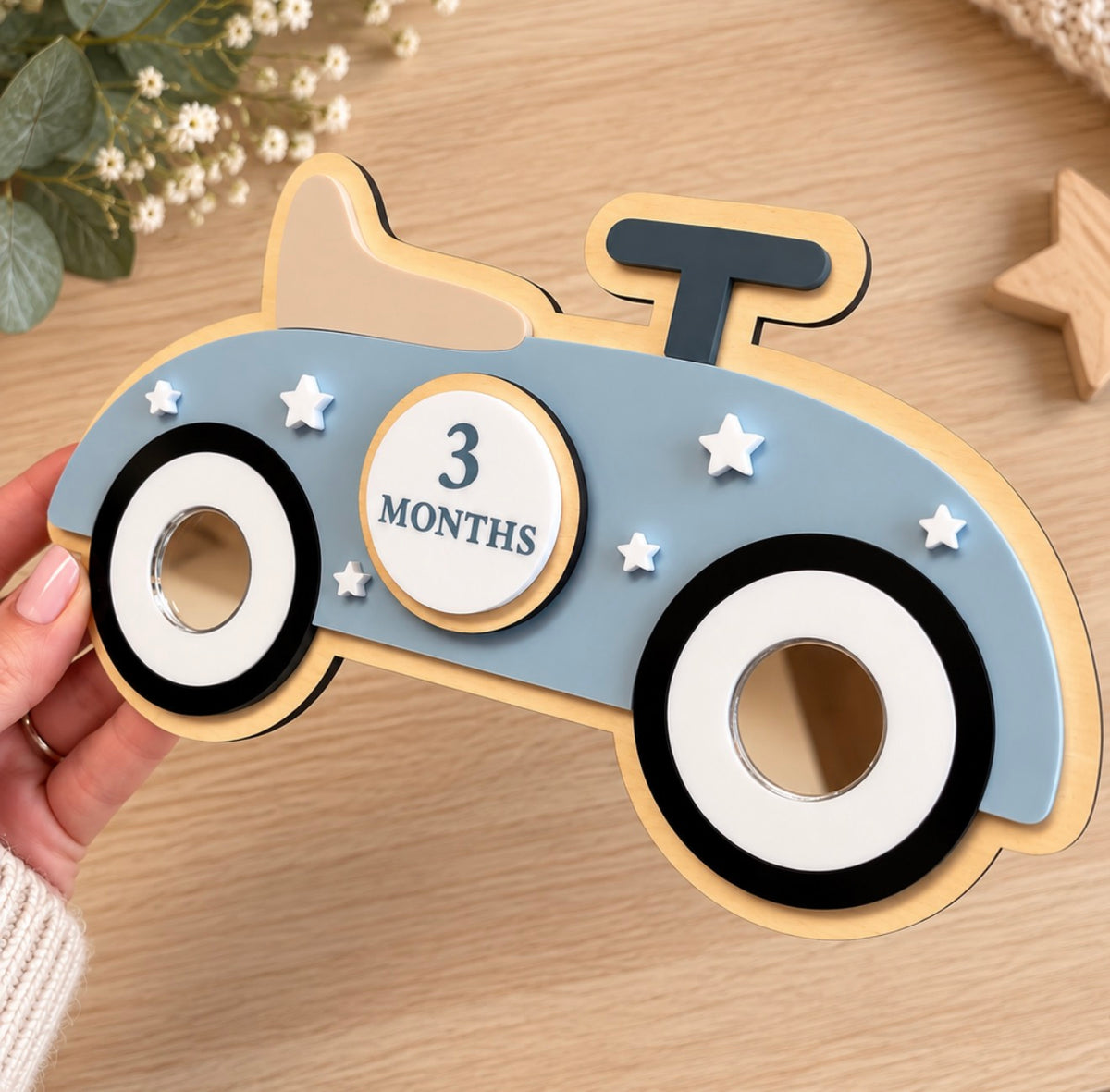 Baby milestone photo prop with vintage car and removable month disc