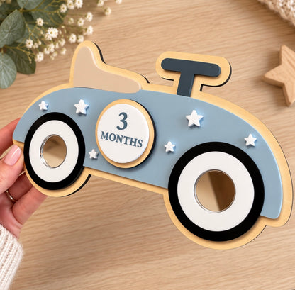 Baby milestone photo prop with vintage car and removable month disc