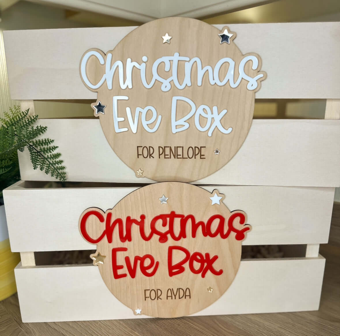 Personalised wooden Christmas Eve crates 