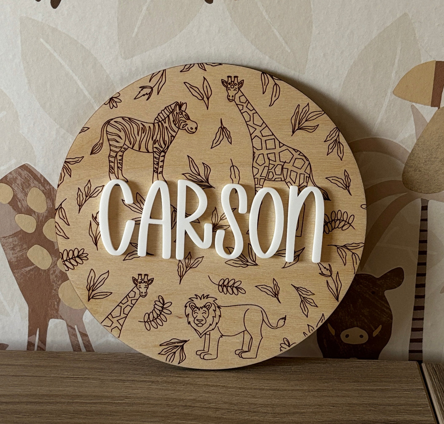 Safari print round name plaque