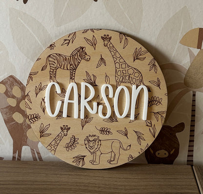 Safari print round name plaque