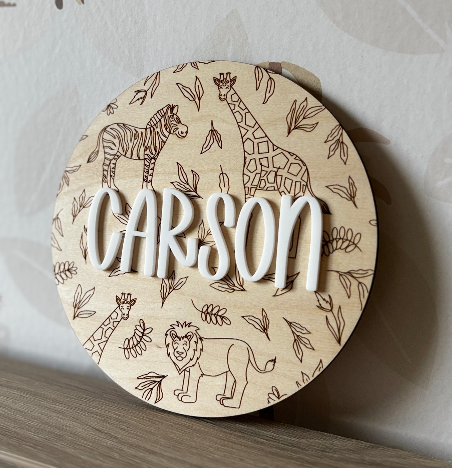 Safari print round name plaque