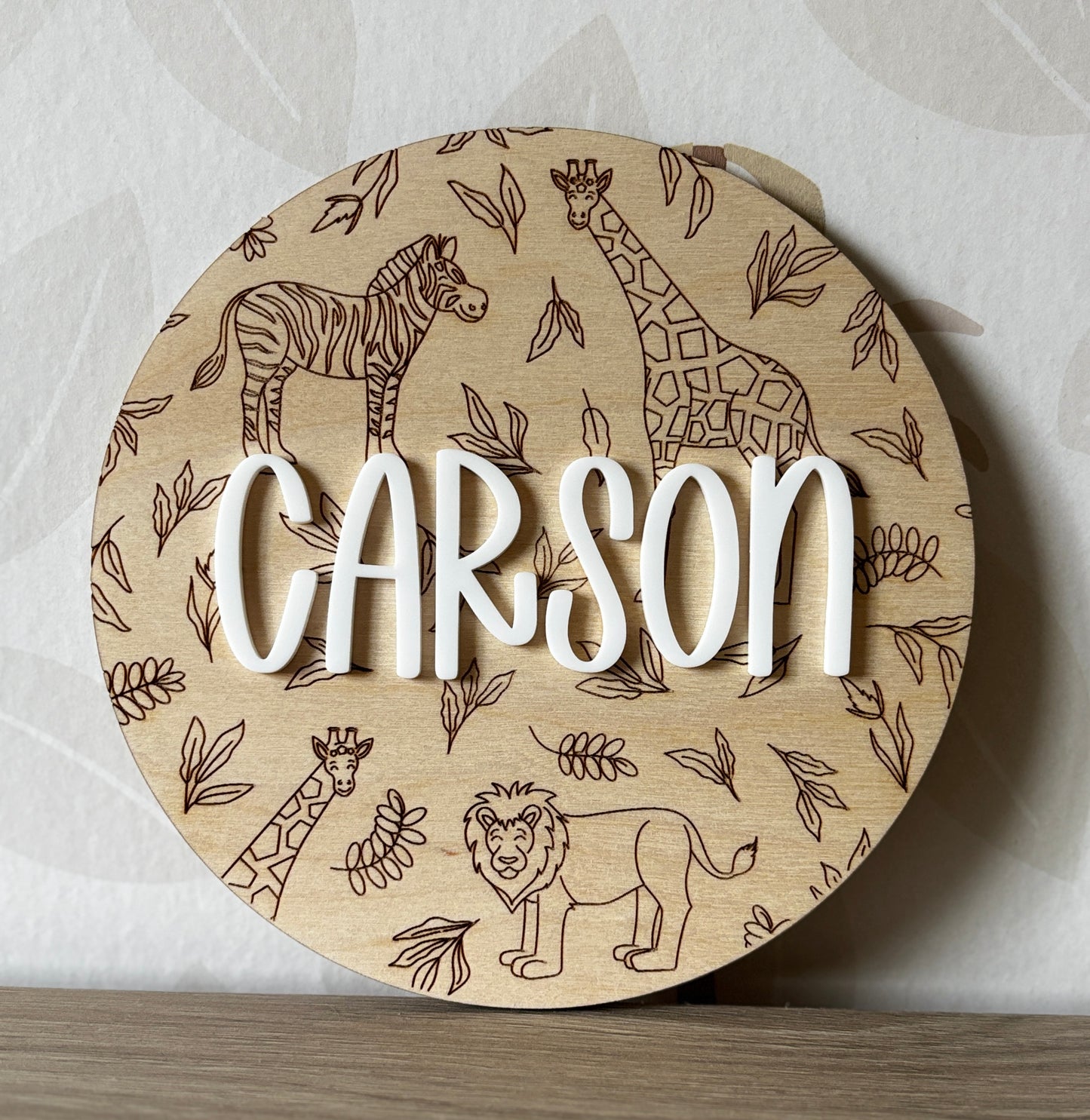 Safari print round name plaque