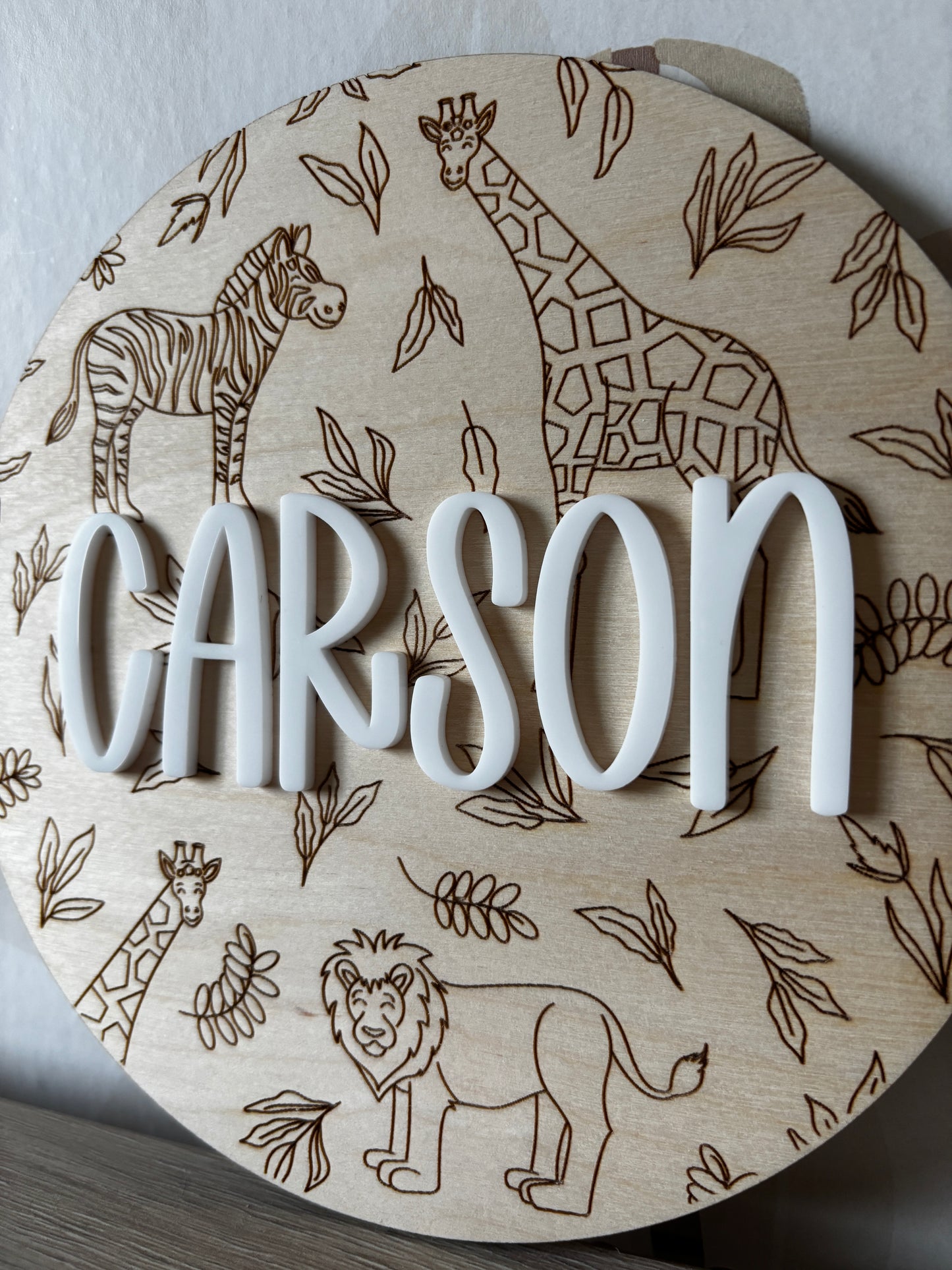 Safari print round name plaque