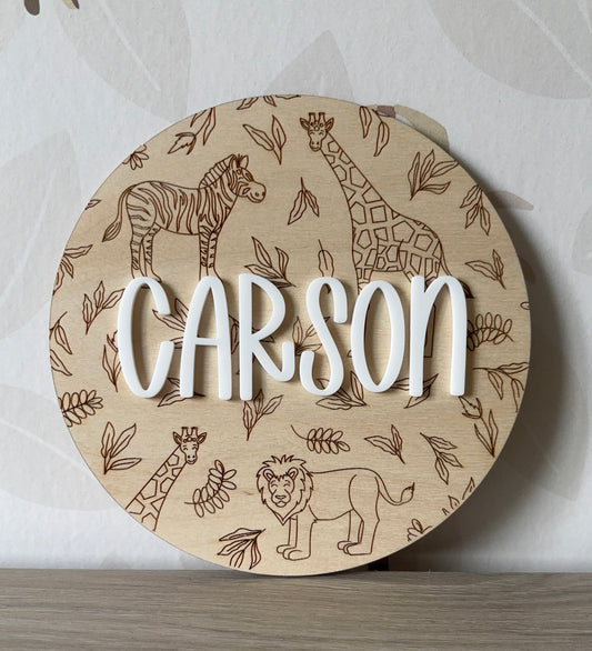 Safari print round name plaque
