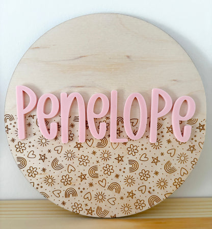 Rainbow, flowers and hearts bedroom name plaque