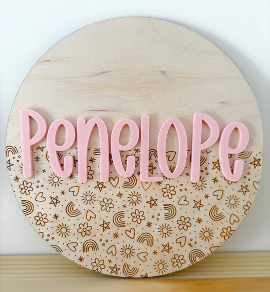 Rainbow, flowers and hearts bedroom name plaque