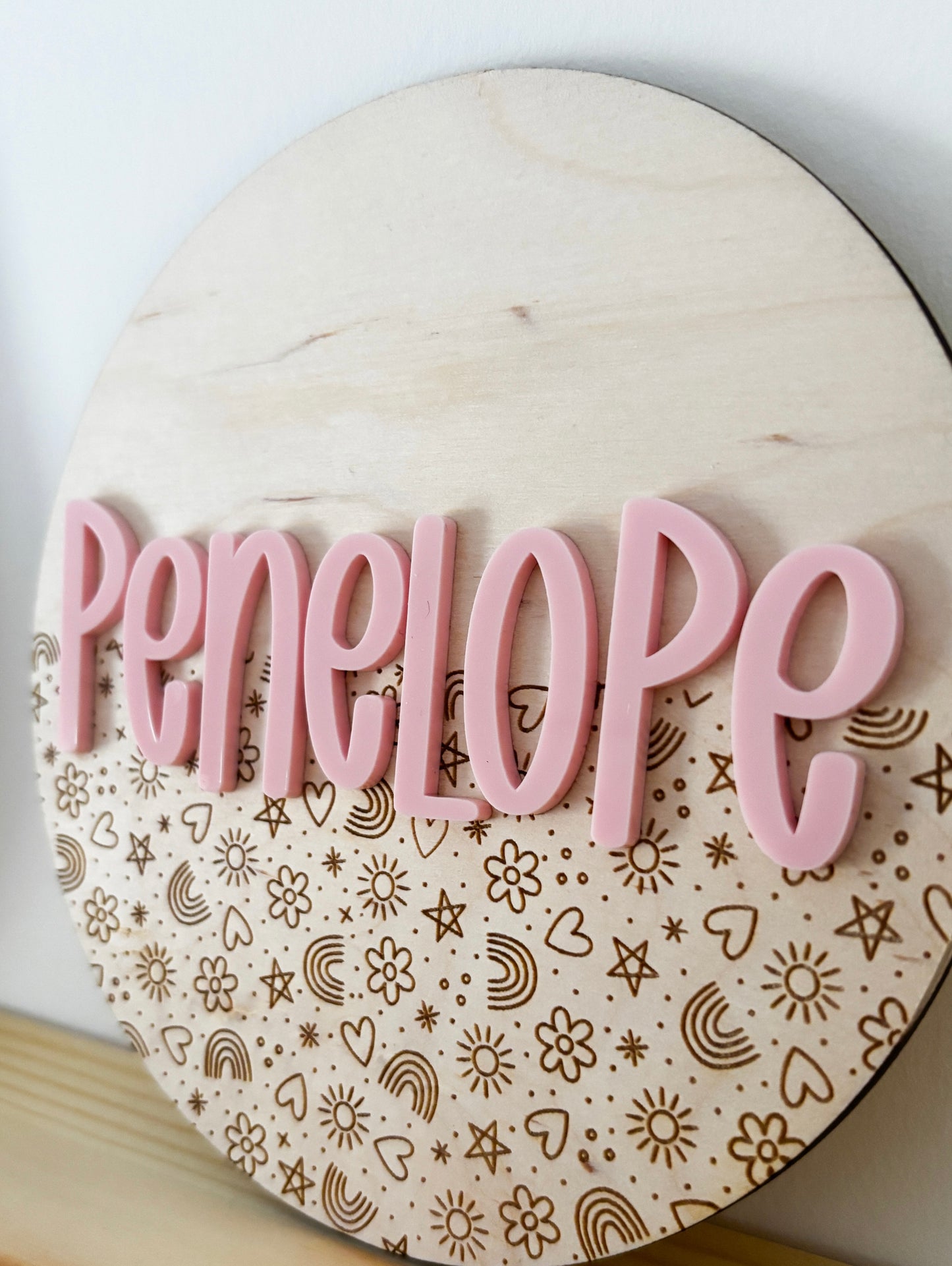 Rainbow, flowers and hearts bedroom name plaque