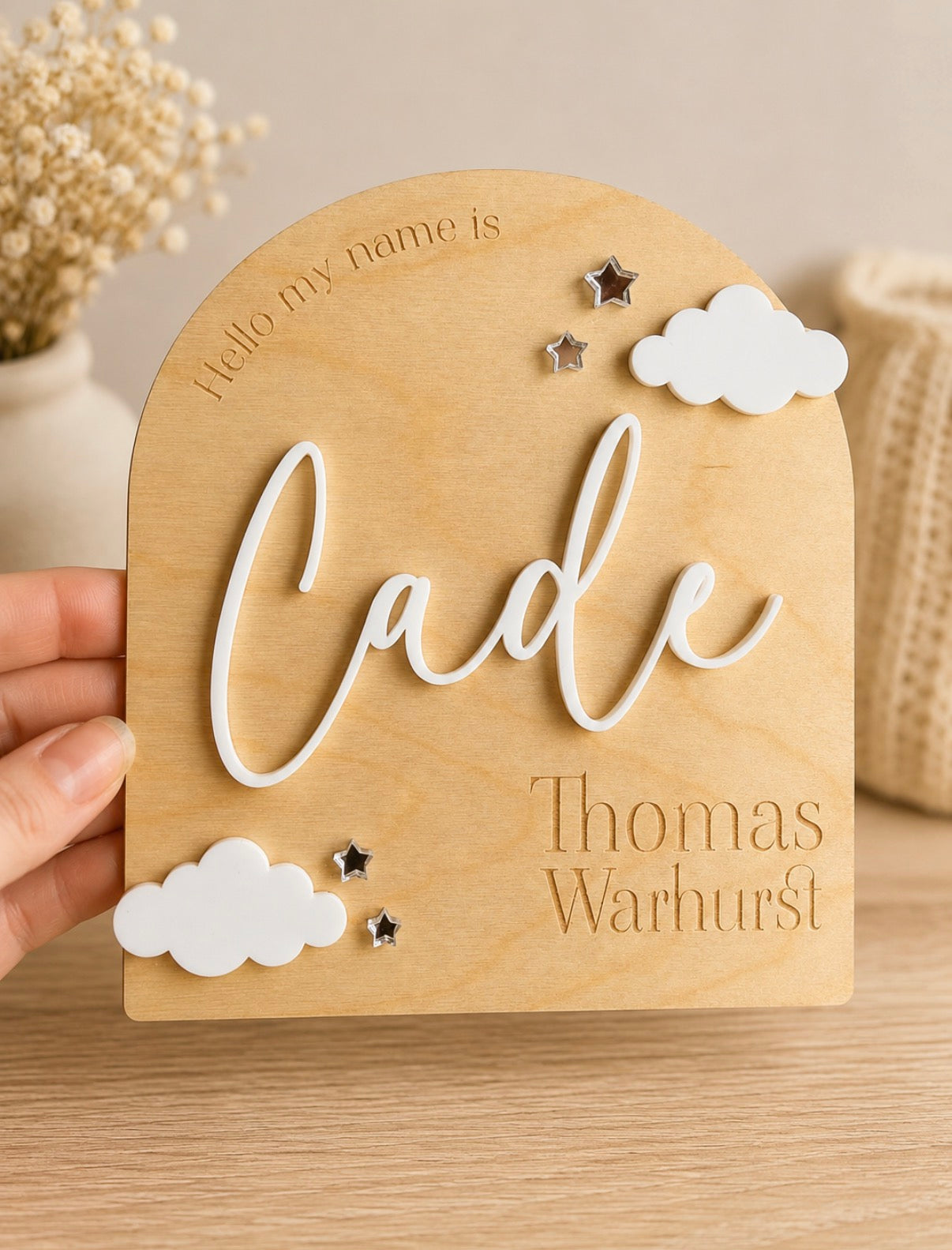 Personalised wooden baby name plaque for newborn announcement