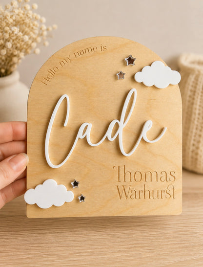 Personalised wooden baby name plaque for newborn announcement