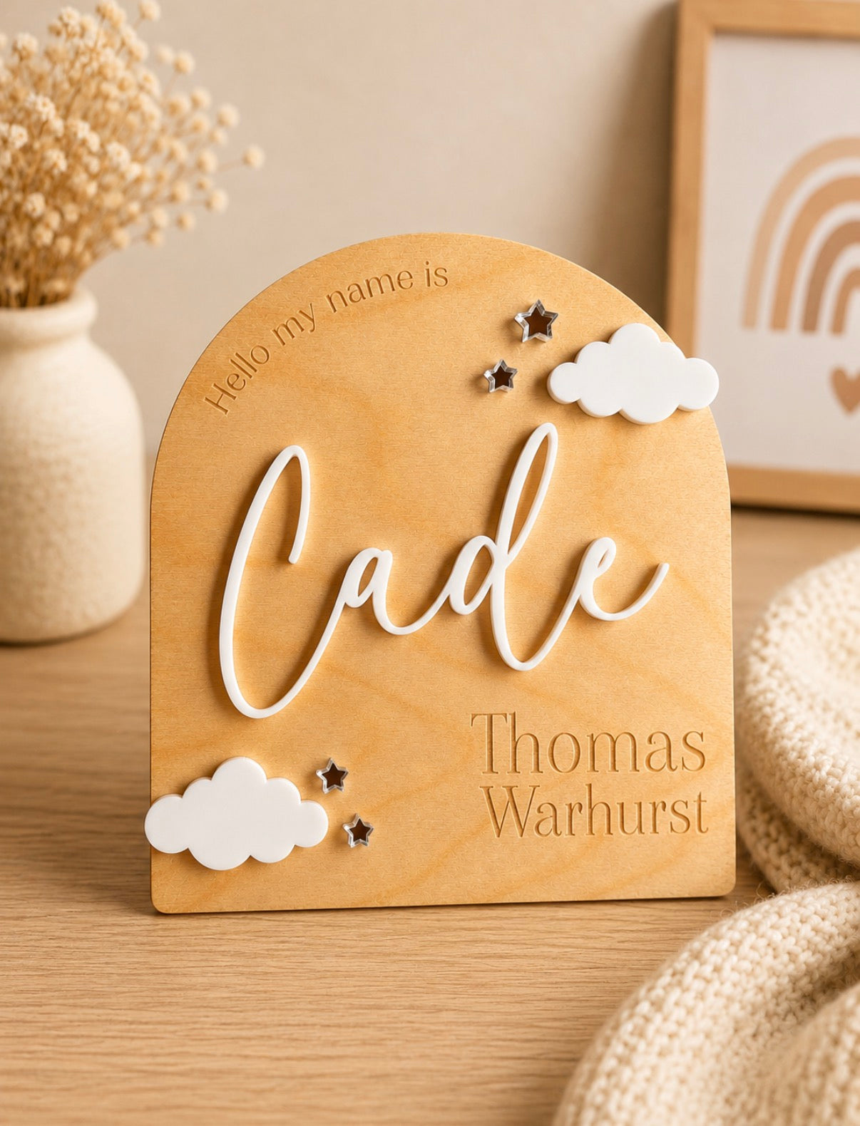 Personalised baby name plaque displayed as neutral nursery decor