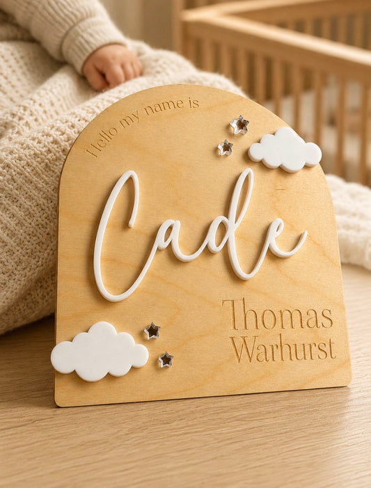 Personalised baby name announcement plaque in wood and acrylic