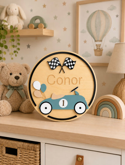 Personalised Vintage Car Name Plaque | Kids Bedroom Sign