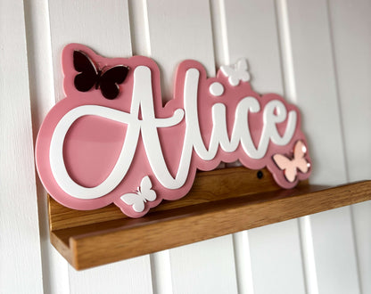 Pink and white butterfly theme name sign for bedroom or bedroom door
