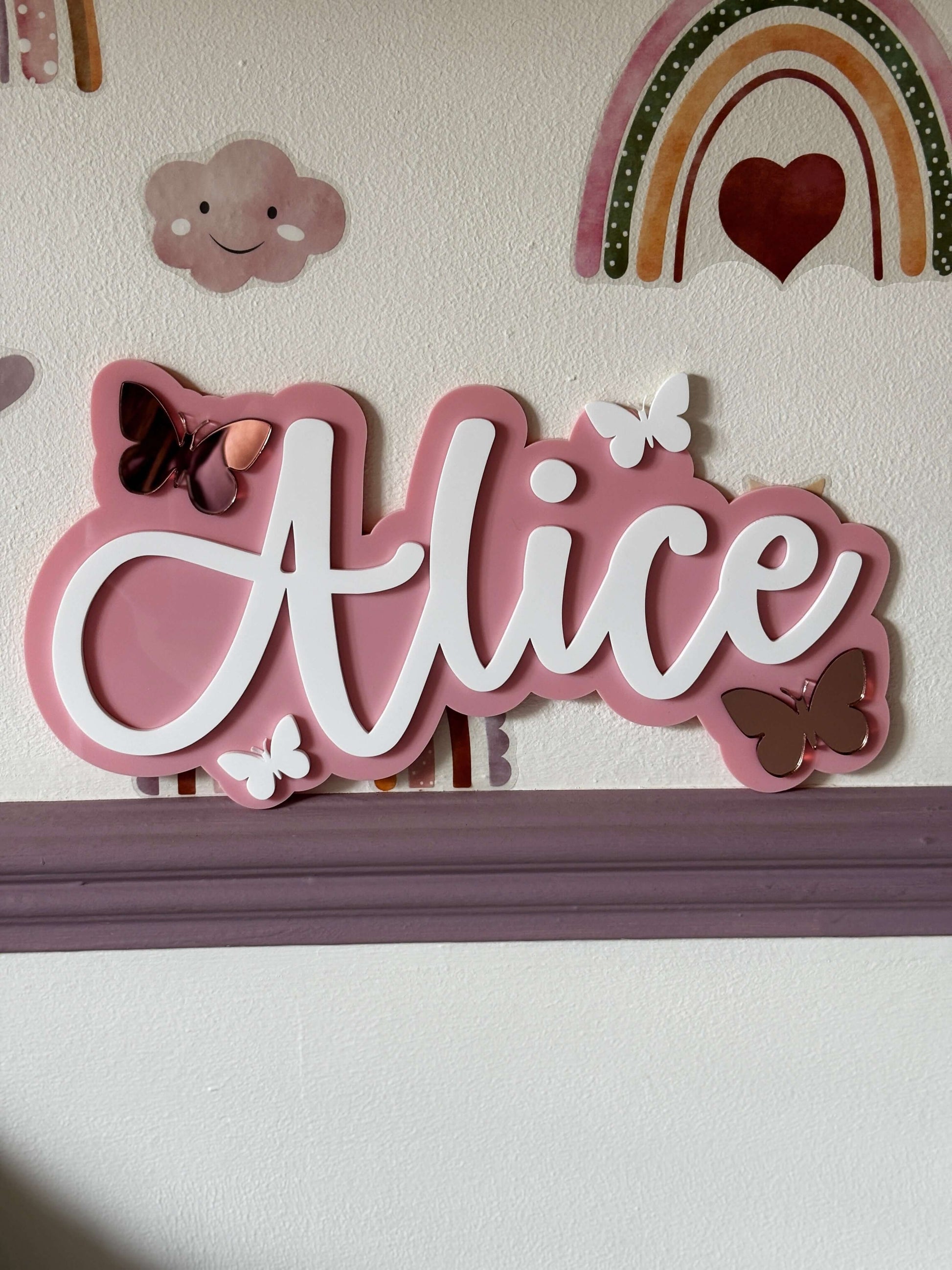 Pink and white butterfly theme name sign for bedroom or bedroom door