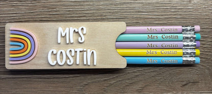 Personalised wooden pencil holder with engraved personalised pencils 