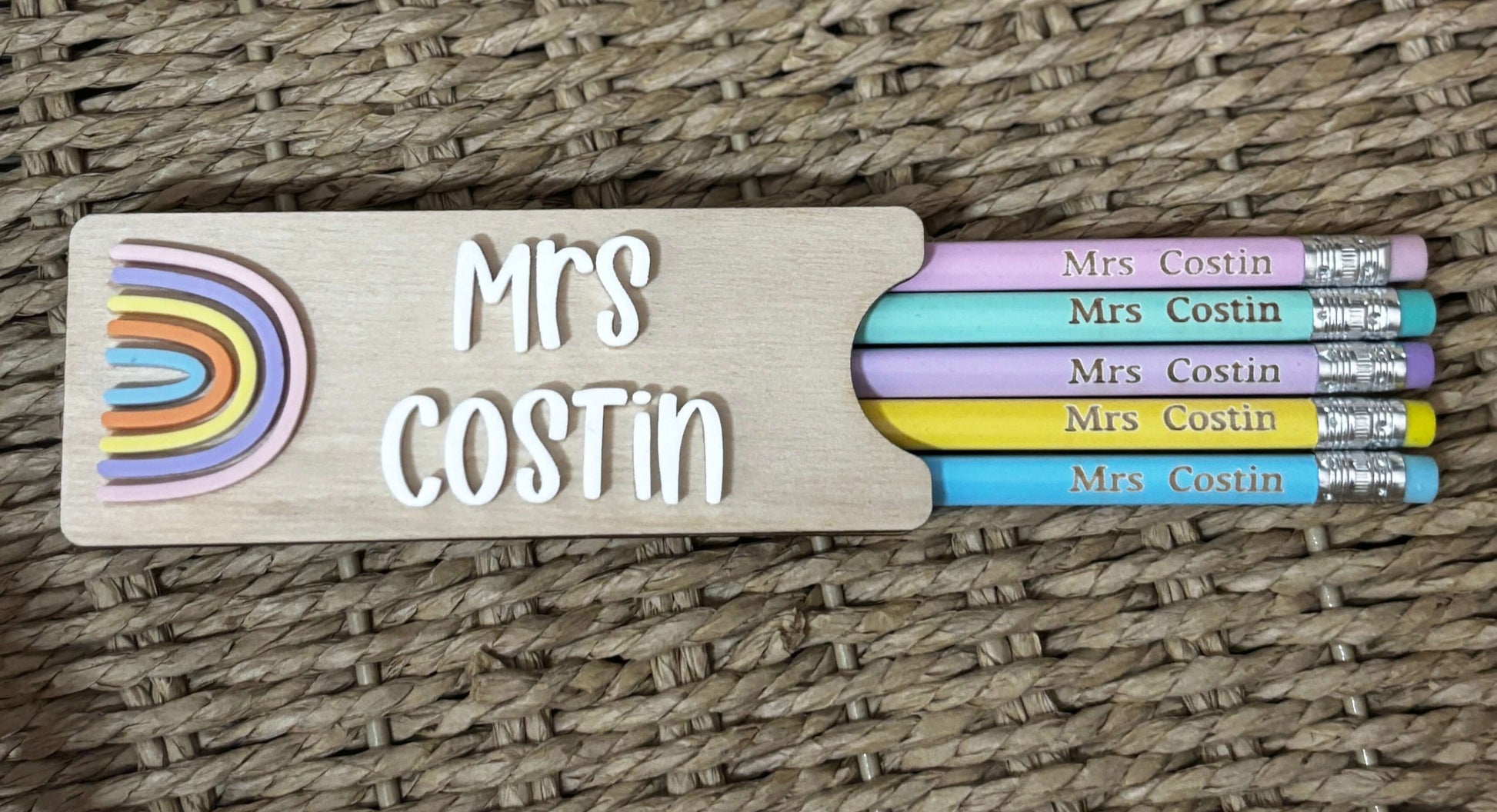 Personalised wooden pencil holder with engraved personalised pencils 