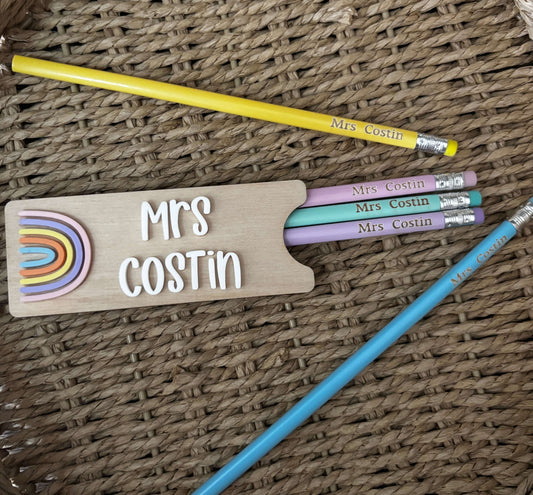 Personalised wooden pencil holder with engraved personalised pencils 