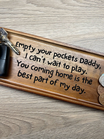 Wooden key organisation tray with an engraved personalised message. 