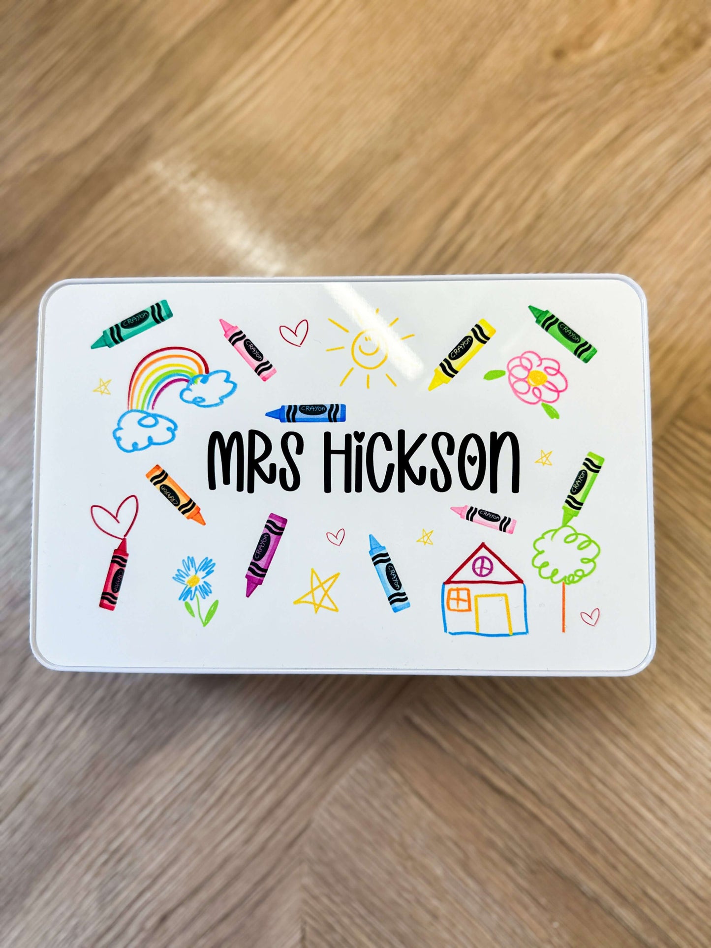 Personalised, crayon themed stationary tin. 