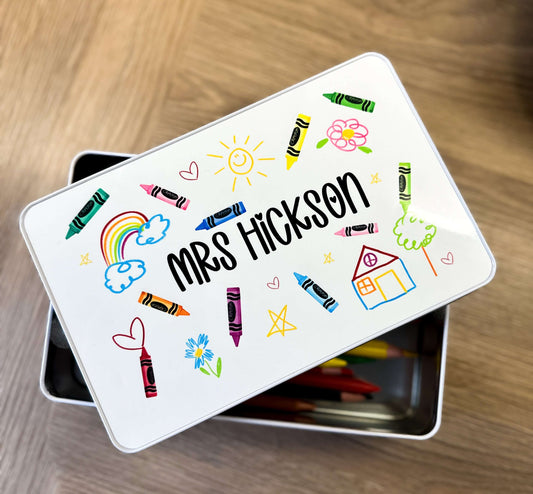 Personalised, crayon themed stationary tin. 