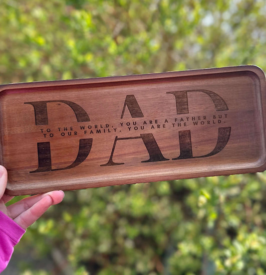 Wooden storage tray for Dad to hold keys, phone, wallet, lose change. 