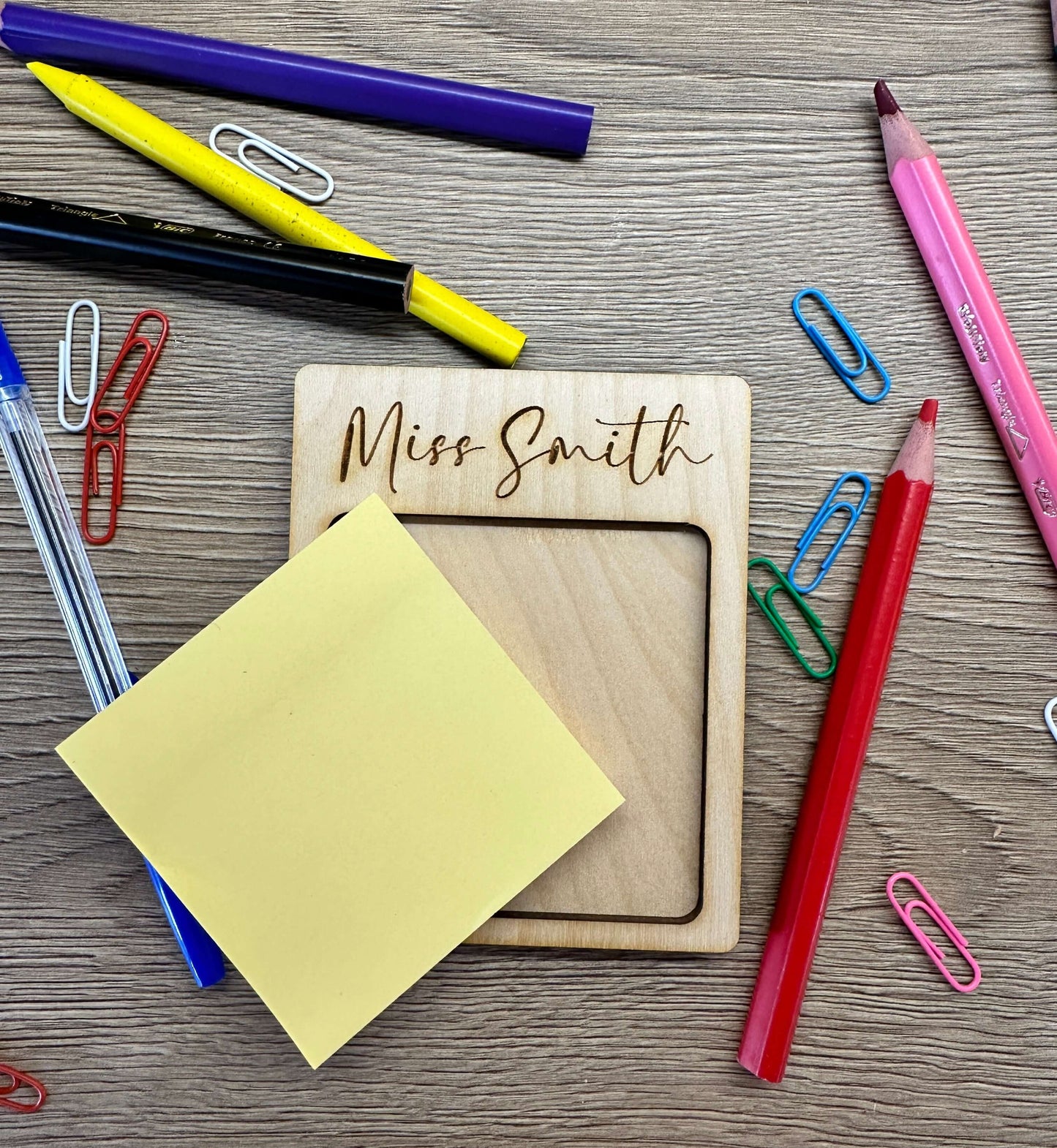 Wooden personalised post it note holder. 