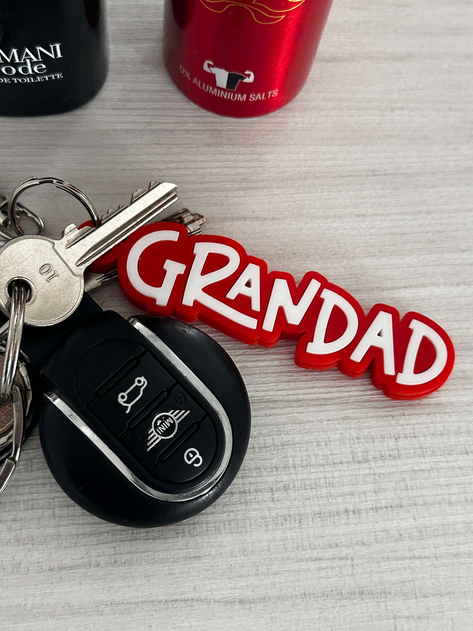 Red Father's Day double layered Grandad acrylic keyring, personalised with any name.