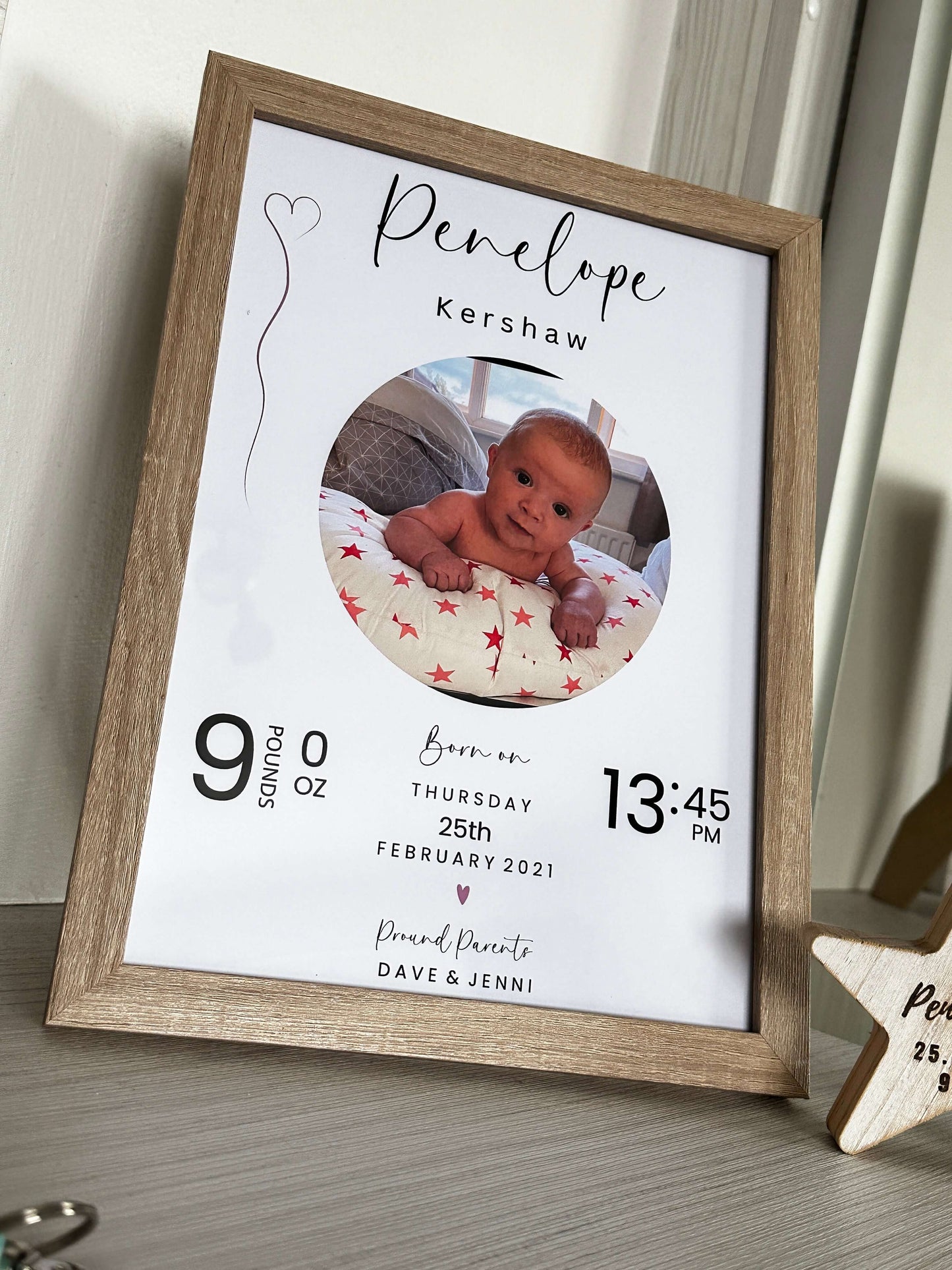 Personalised baby gift in a wooden photo frame with all the new baby information. 