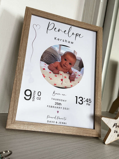 Personalised baby gift in a wooden photo frame with all the new baby information. 