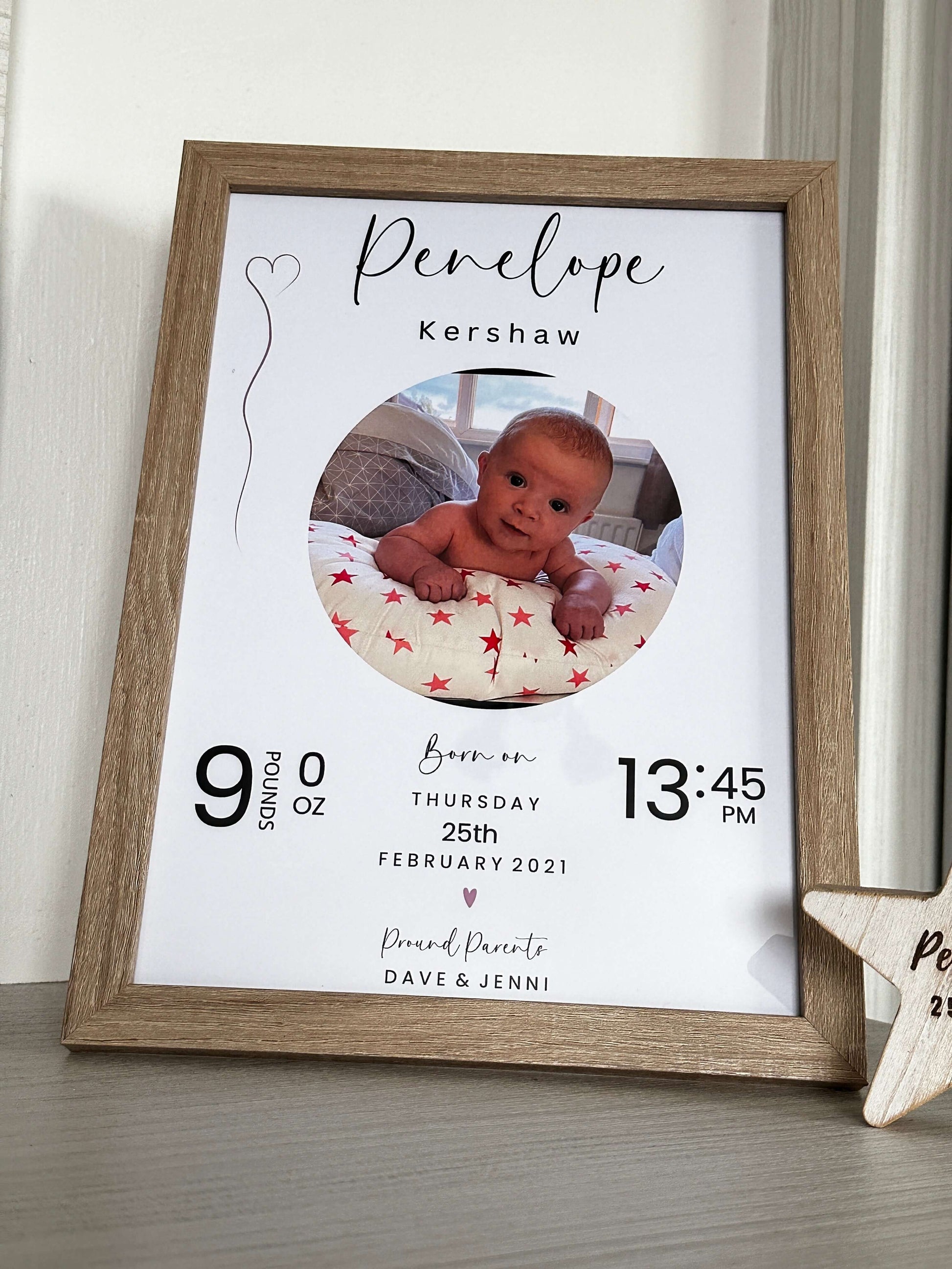 Personalised baby gift in a wooden photo frame with all the new baby information. 