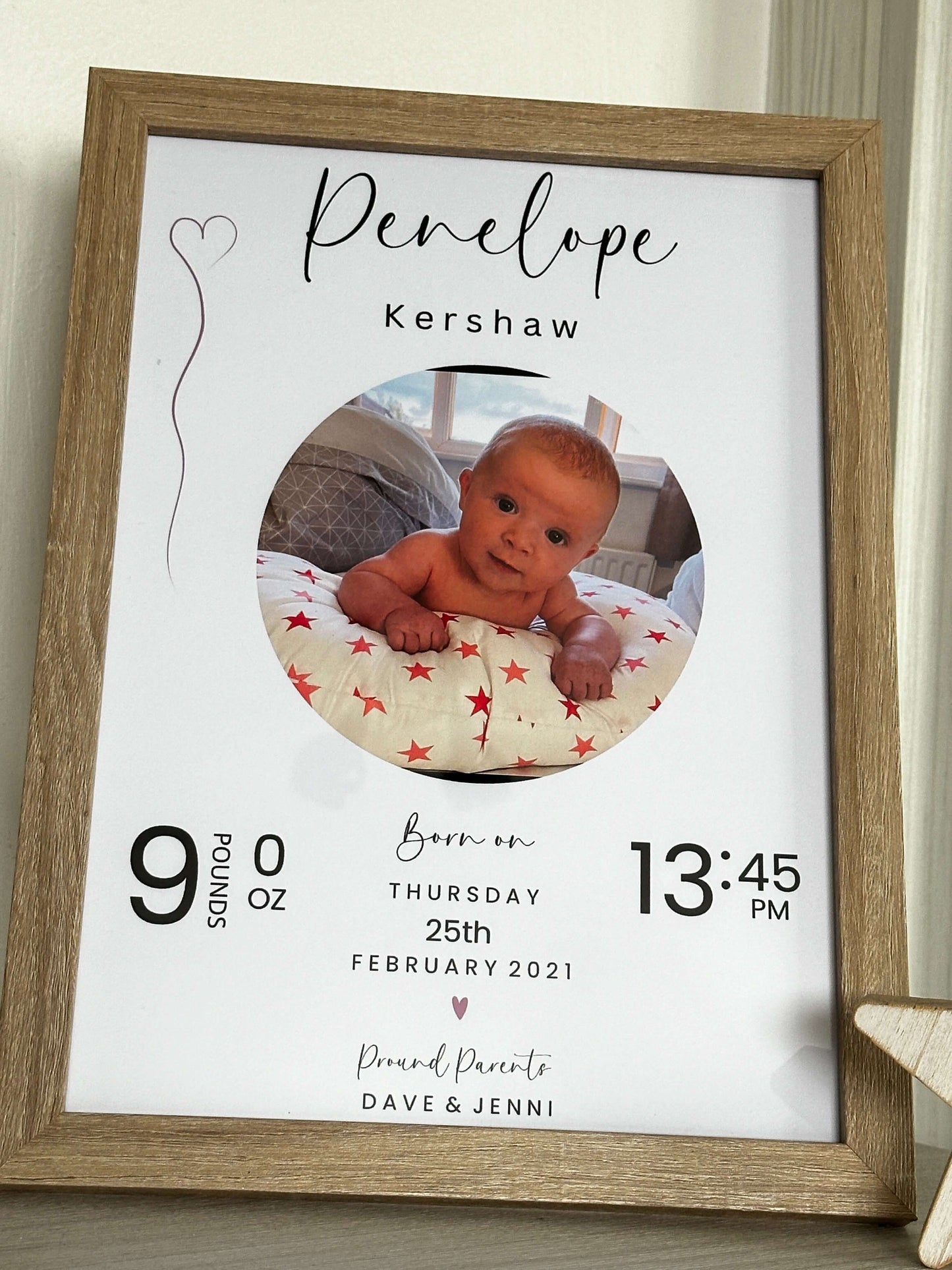 Personalised baby gift in a wooden photo frame with all the new baby information. 