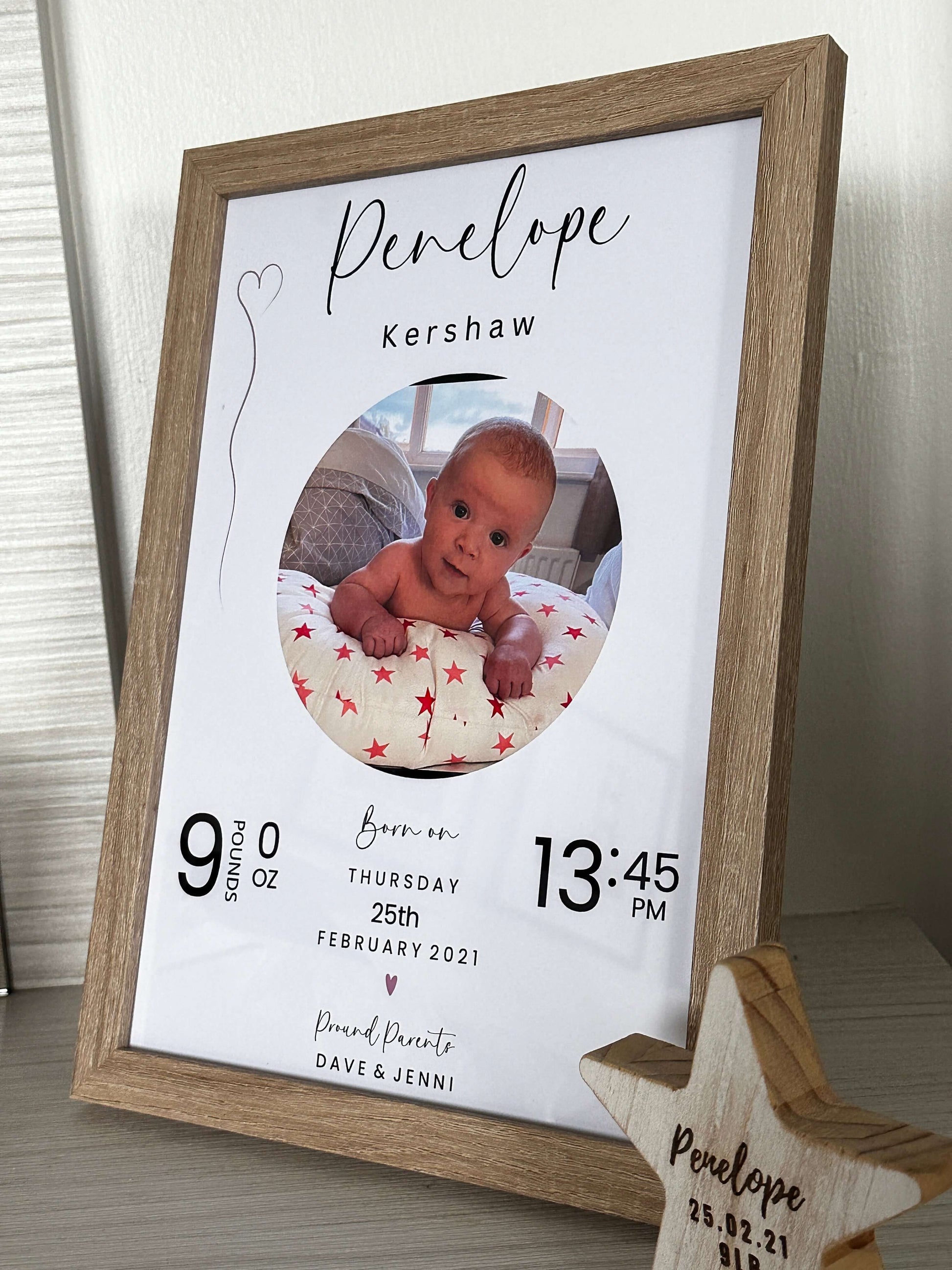 Personalised baby gift in a wooden photo frame with all the new baby information. 