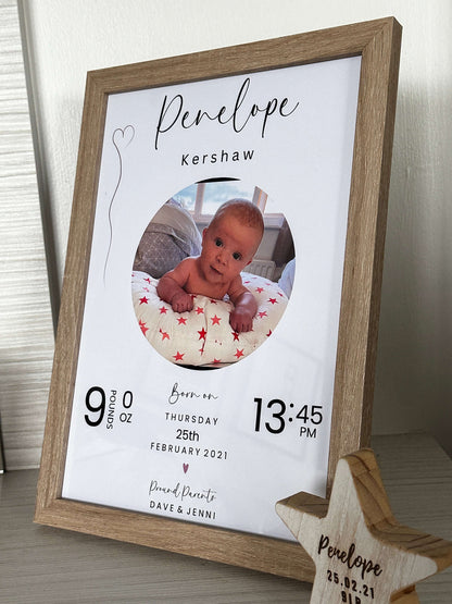 Personalised baby gift in a wooden photo frame with all the new baby information. 