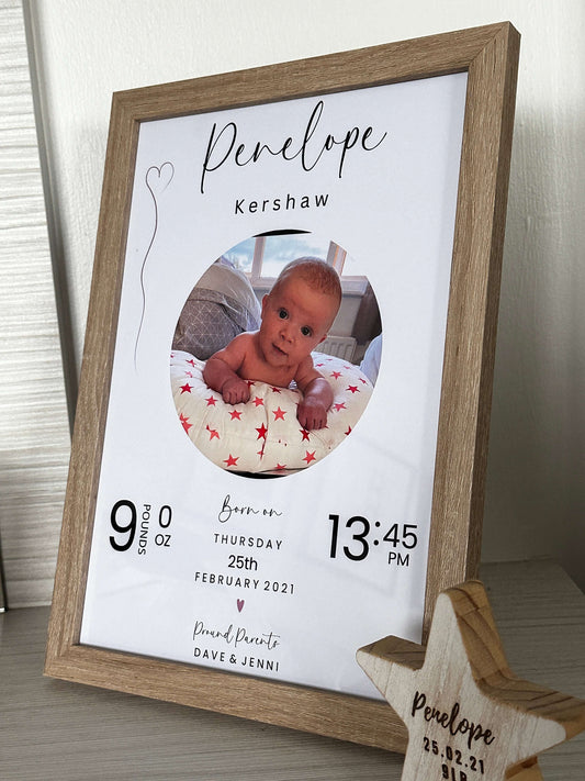 Personalised baby gift in a wooden photo frame with all the new baby information. 