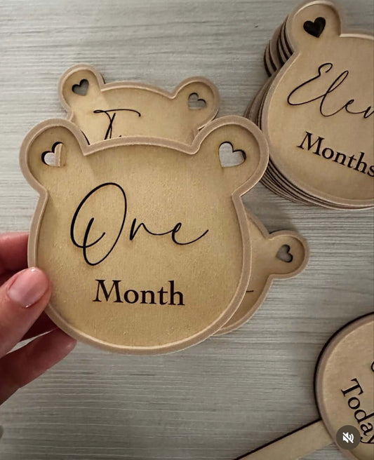Wooden Teddy Bear Unisex Milestone Discs with Nude Acrylic Edging and Monthly Engravings