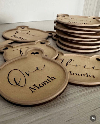 Wooden Teddy Bear Unisex Milestone Discs with Nude Acrylic Edging and Monthly Engravings