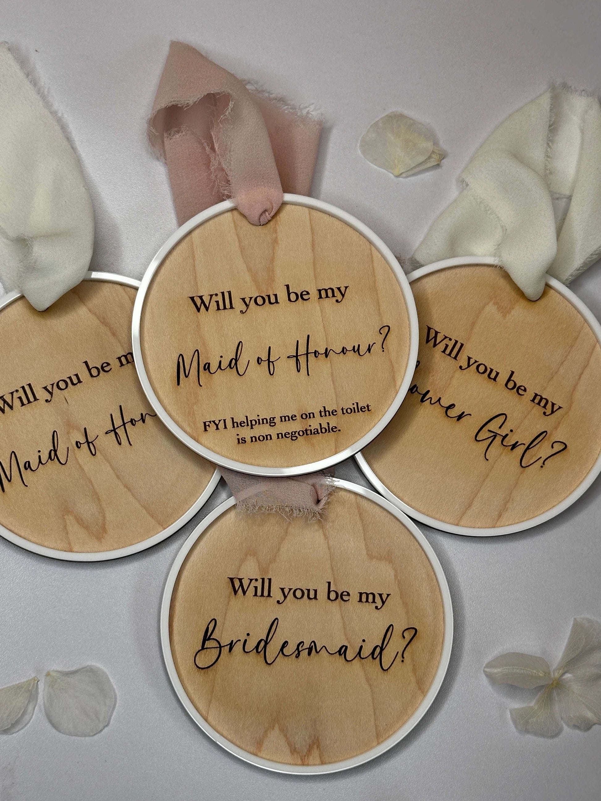 Wooden bridesmaid proposal disc's for maid of honour, flower girl & bridesmaids