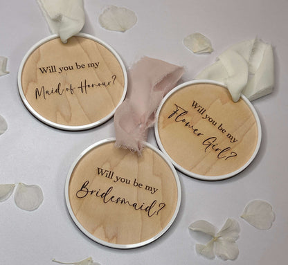 Wooden bridesmaid proposal disc's for maid of honour, flower girl & bridesmaids