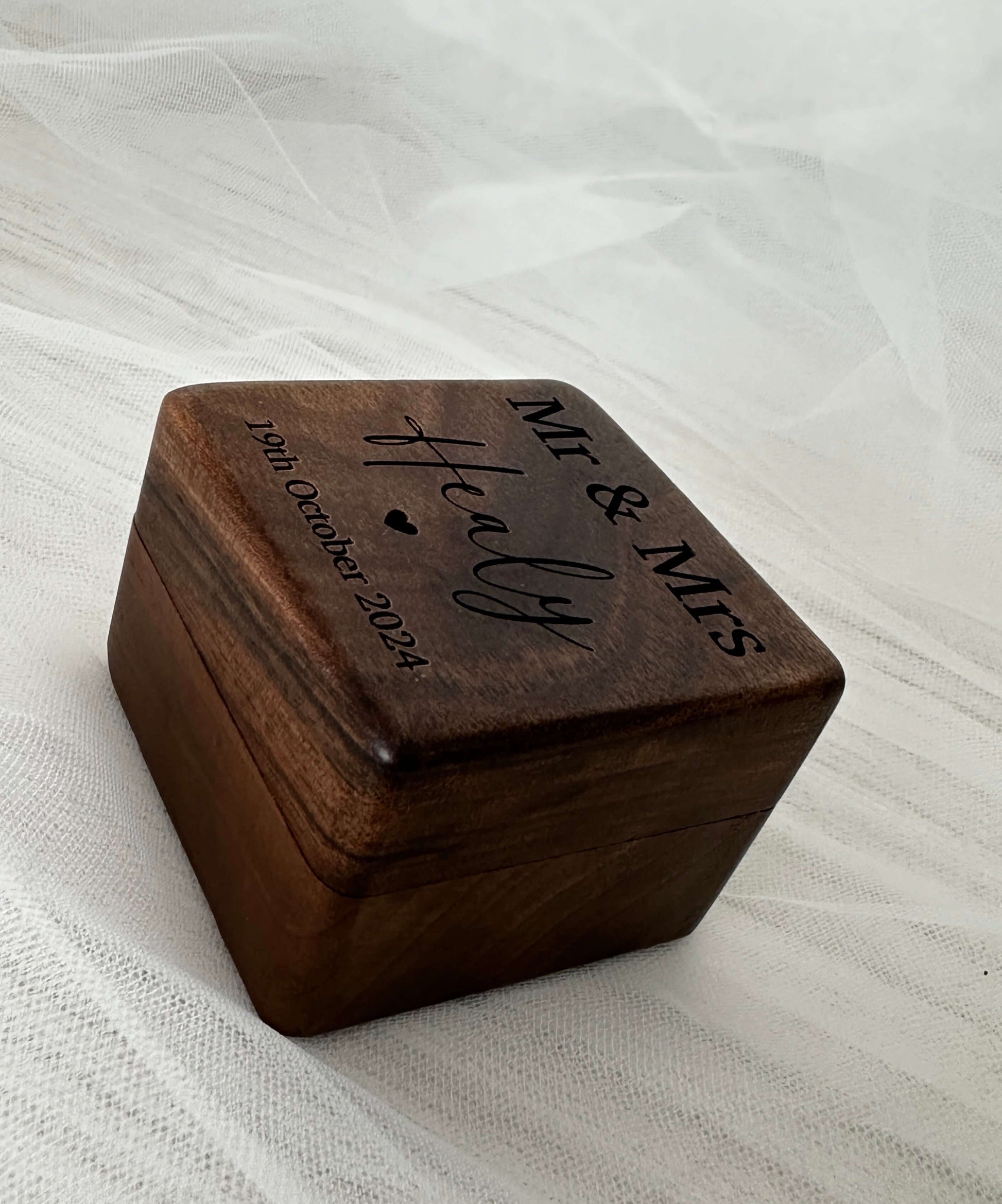 walnut, engraved, personalised double wedding ring box