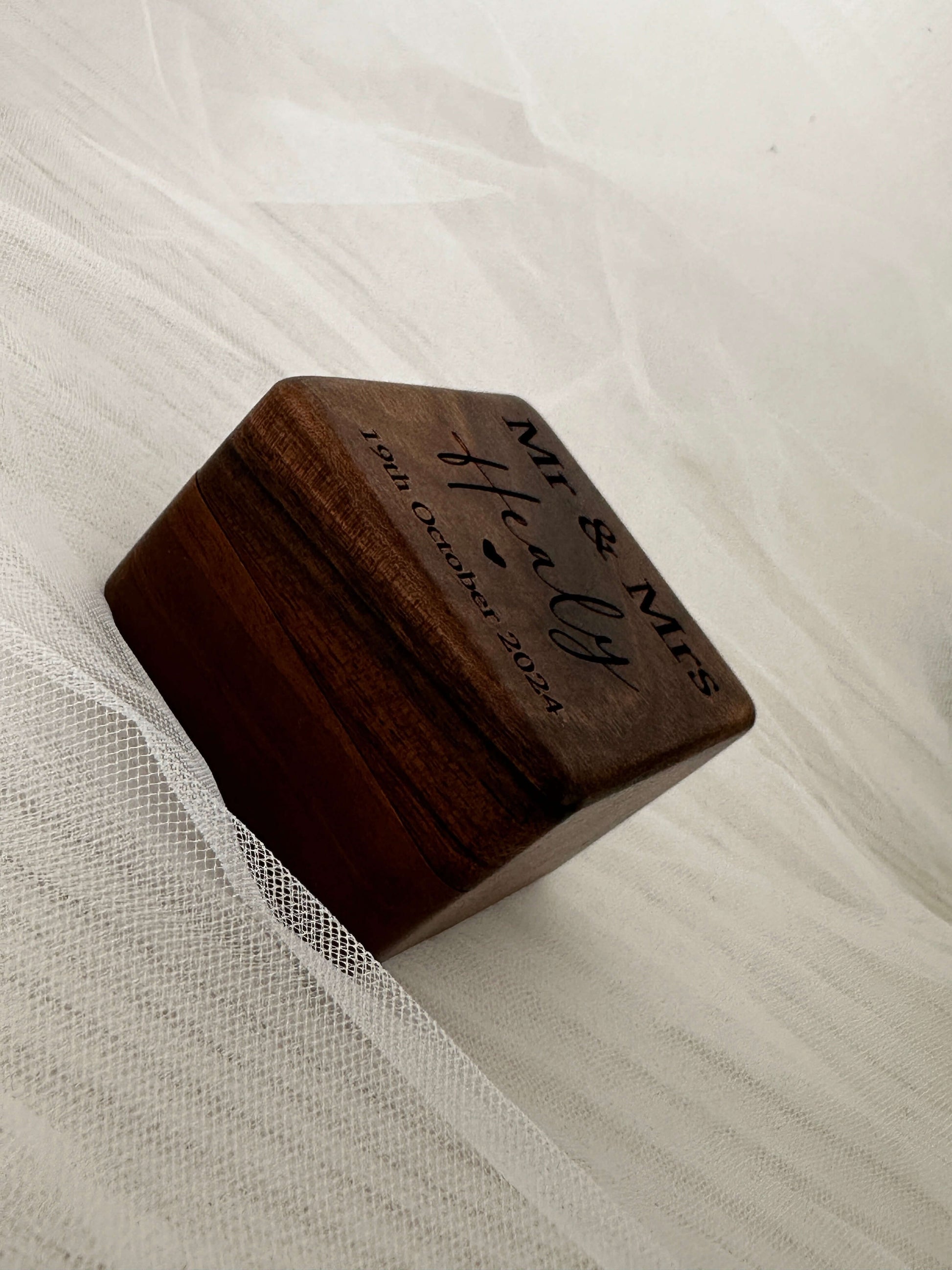 walnut, engraved, personalised double wedding ring box