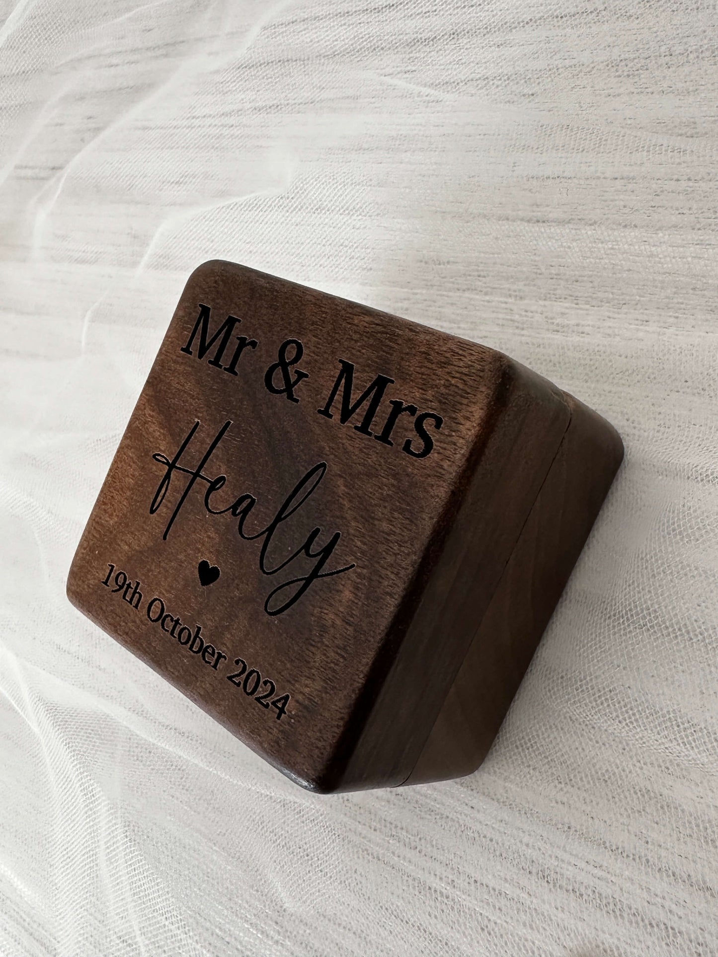 walnut, engraved, personalised double wedding ring box