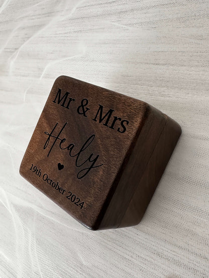 walnut, engraved, personalised double wedding ring box