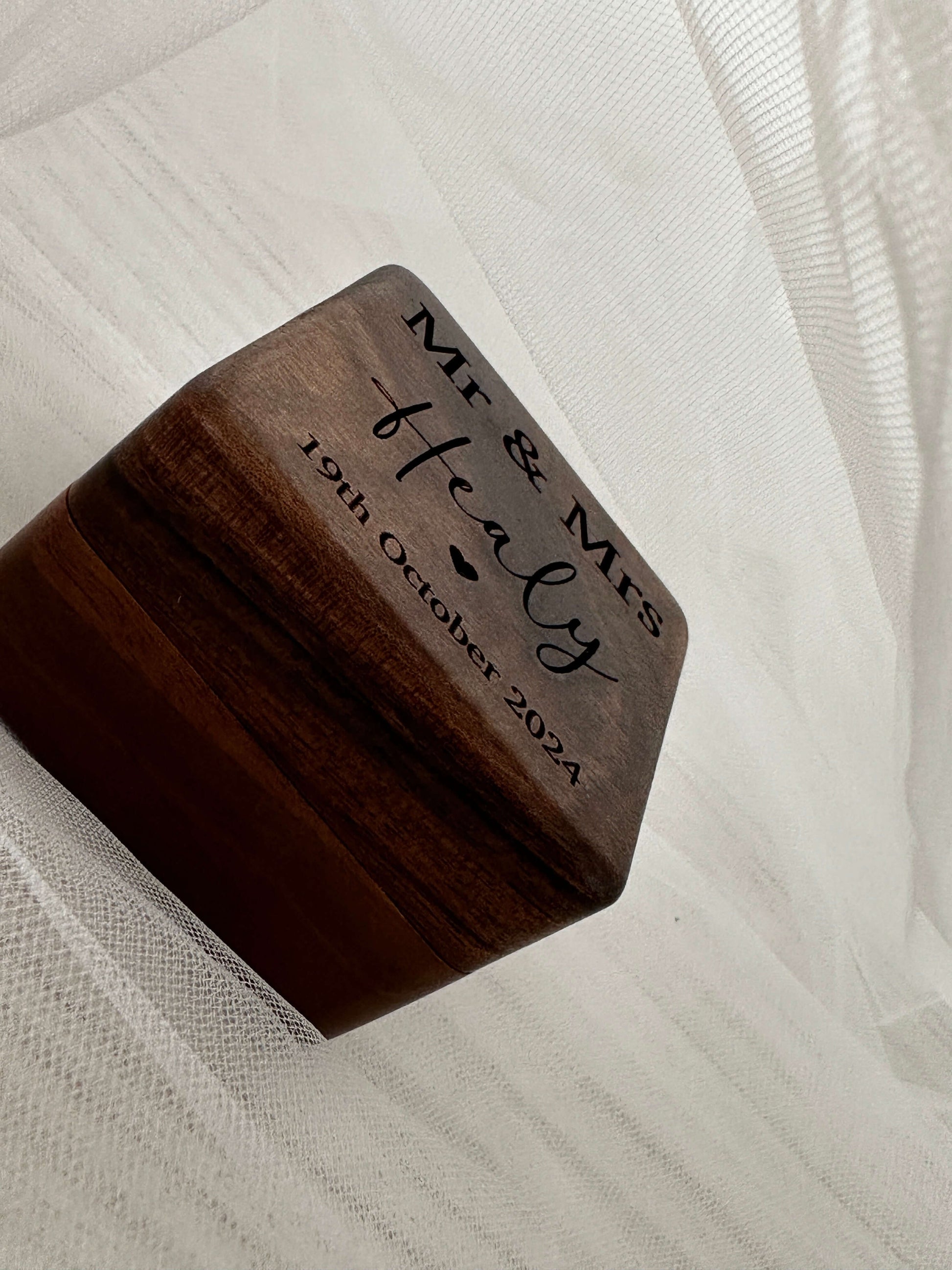 walnut, engraved, personalised double wedding ring box